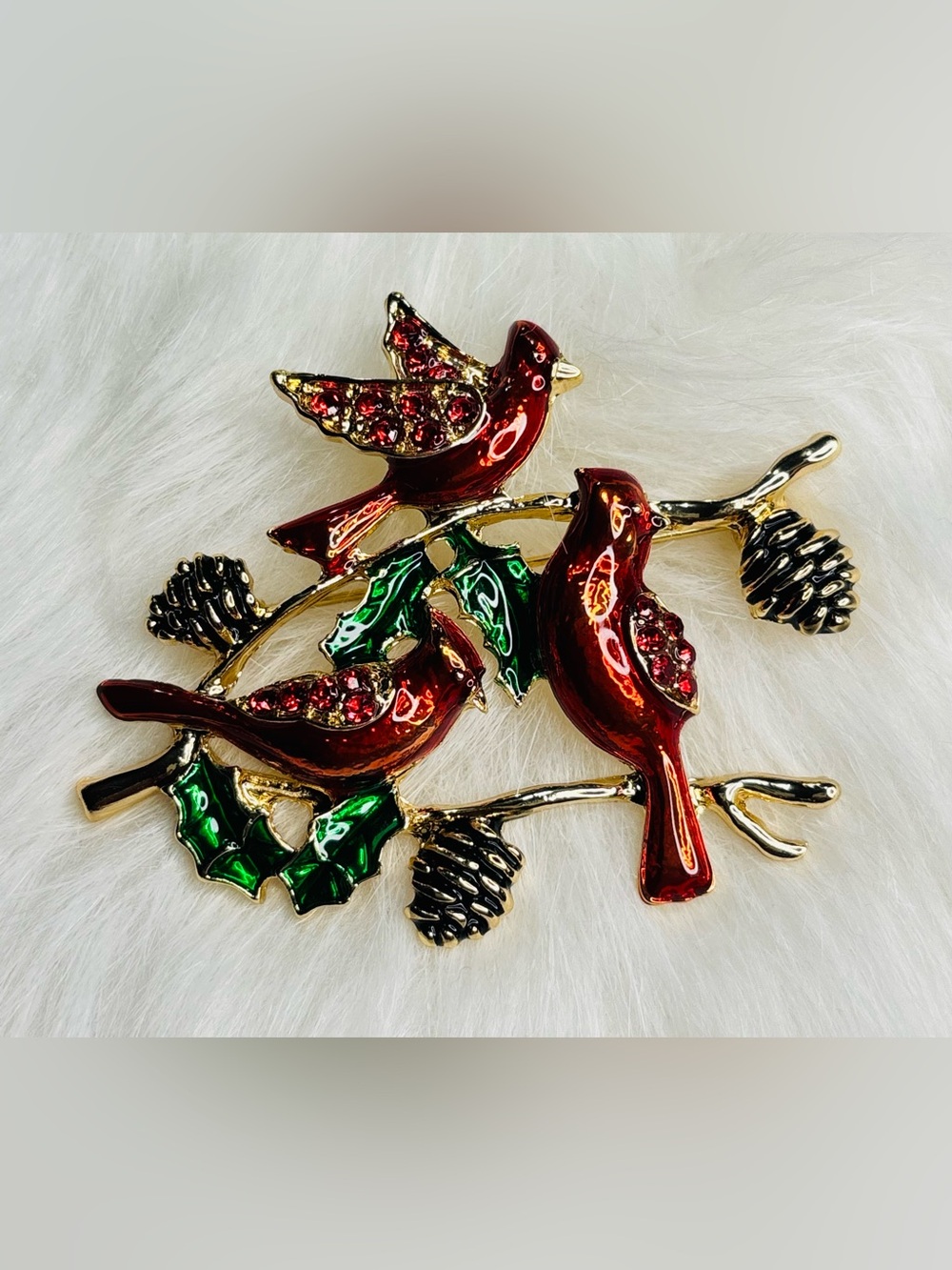 Christmas Cardinal Trio Brooch – Red Enamel Holly & Pinecones